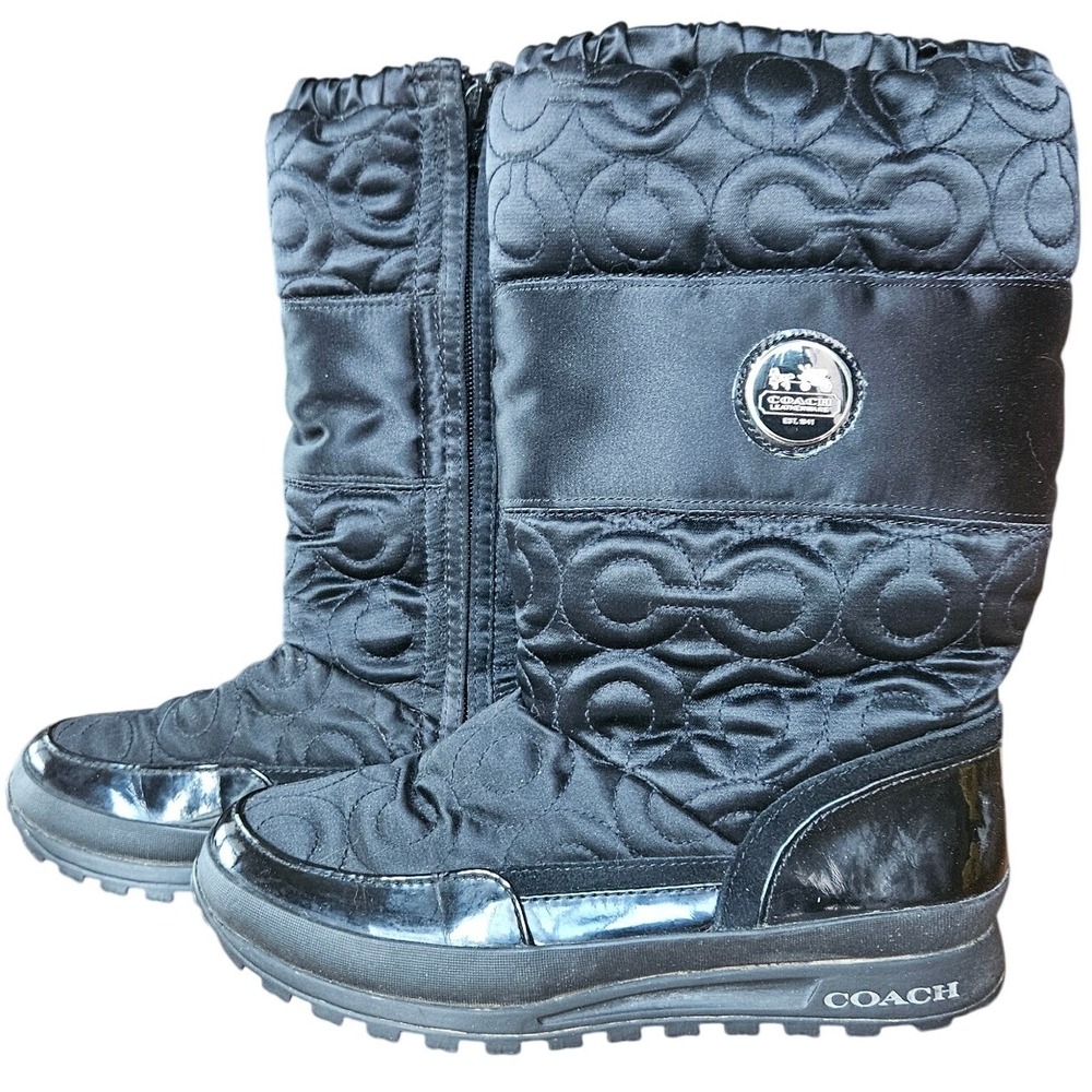 Coach Black Signature C Quilted Black Snow Boots Patent Leather Trim Women 7.5B